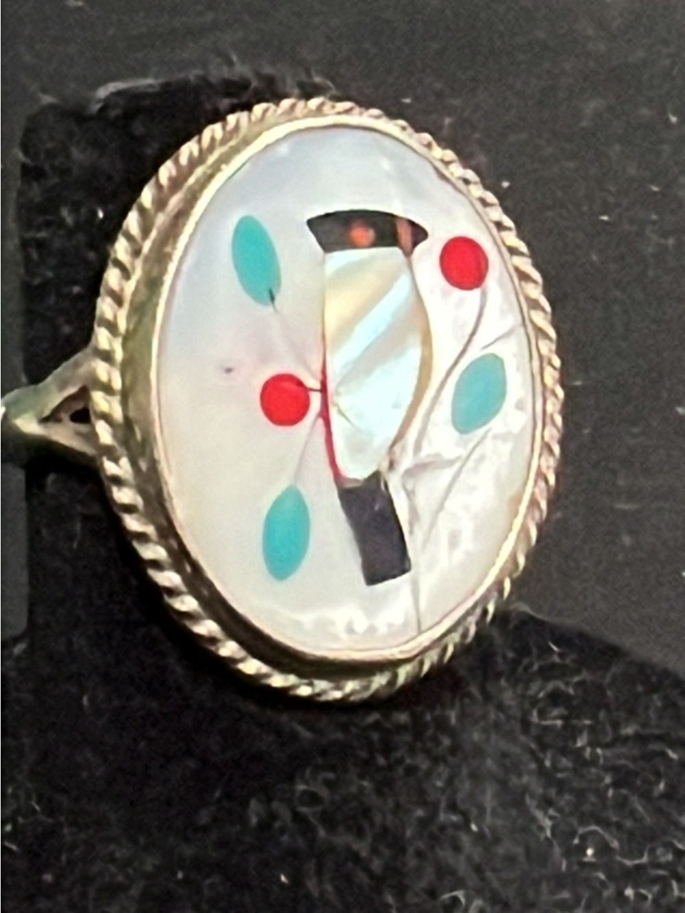 Mother-of-Pearl Inlay Oval Ring with Turquoise and Red Accent - Women Jewelry